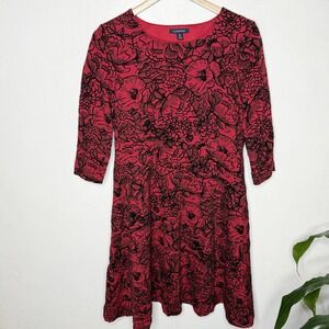 Lands End Red Black‎ Velvet Floral Fit And Flare Dress 3/4 Sleeve Women's Medium